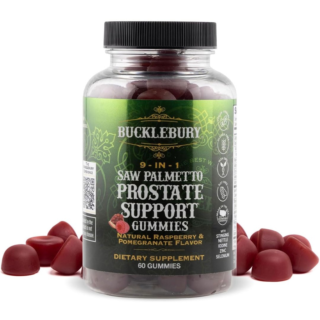 BUCLEBURY 9-1 Natural Saw Palmetto Gummies dengan Raspberry & Poteciate Flavor - Plant - Based Prostate Suppport Suplemen untuk Kesehatan Mens Bladder, Pertumbuhan Rambut dan Penenan Dukungan