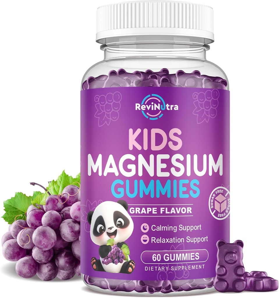 Gumi Magnesium untuk Anak-anak, Gummi Citrat bebas Magnesium Sugarsium, Gummi Tenisting Cable Magnesium yang Agung untuk Orang Dewasa & Anak-anak, Dukungan Kesehatan Tulang & Otot, Relaksasi Nerve, 60 Grape Gummies