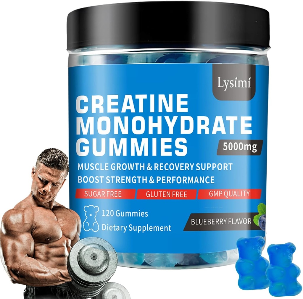 Cretine Monohydrate Gummies - 5g Creatine Monohydrate per Serbu Kekuatan dan Membangun Otot, Gula Bebas, Vegan, Blueberry Flavor, Setiap botol / 120 Kasules, untuk Pria & Perempuan (1)