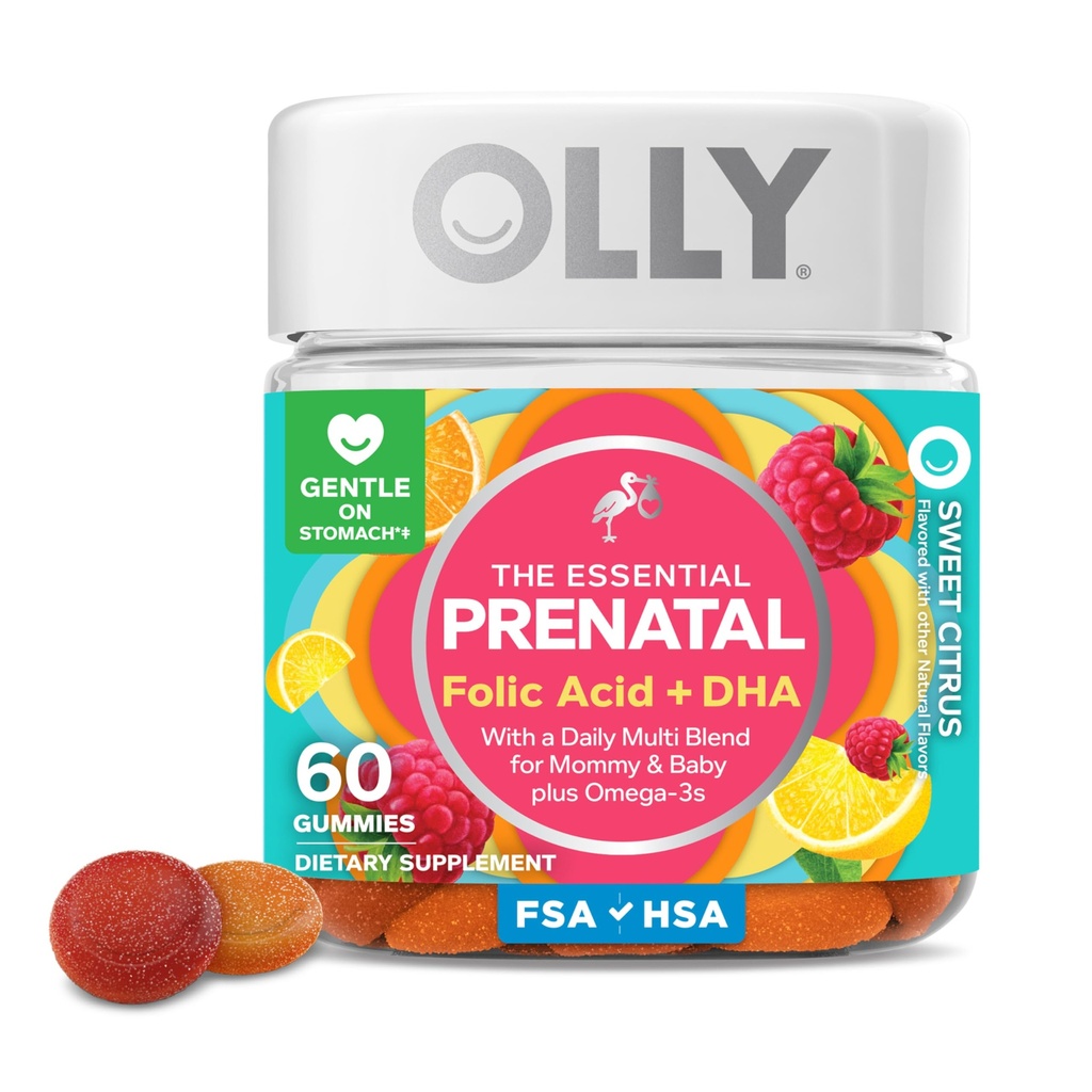 OLLY Prenatal Multivitamin Gummy, Menyediakan Pertumbuhan dan Pembangunan Otak Sehat, Acid Folic, Vitamin D, Omega 3 DHA, Supplemen Chewable Berry, Citrus Berry Flavor, Persediaan 30 Hari - 60 Count