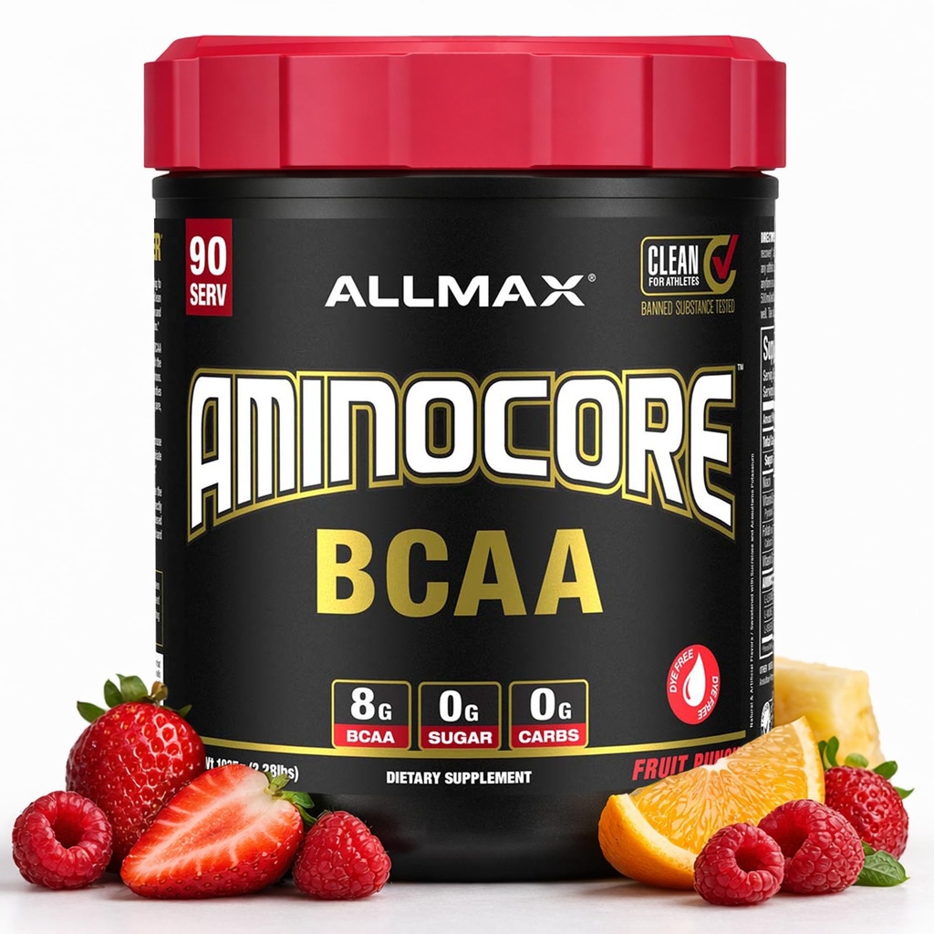 ALLMAX NASTition AMINOCORE BCAA, Fruit - 945 g Powder - 8.18 Grams Branched Chain Amin Accids - dengan B Vitamin - Tidak ada Pembakar atau Non-BCAA Aminos - Gula Bebas - 90