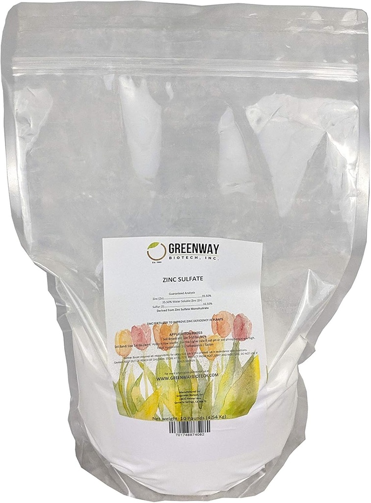 Zinc Sulfate Powder 35.5% Monohydrate Plus 16,5% Sulfur Greenway Biotech Brand 10 Pounds