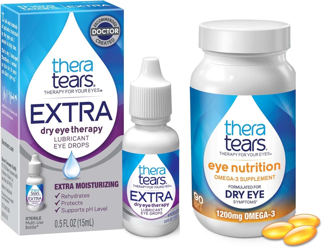 TheraTears 1200 mg Omega 3 Supplemen untuk Nutres Eye, Organik Flaxseed Triglyceride Fish Oil & VIT E, 90 Count Eye Drops, Ekstra Terapi Mata Kering, 15 mL, 0.5 Fl oz