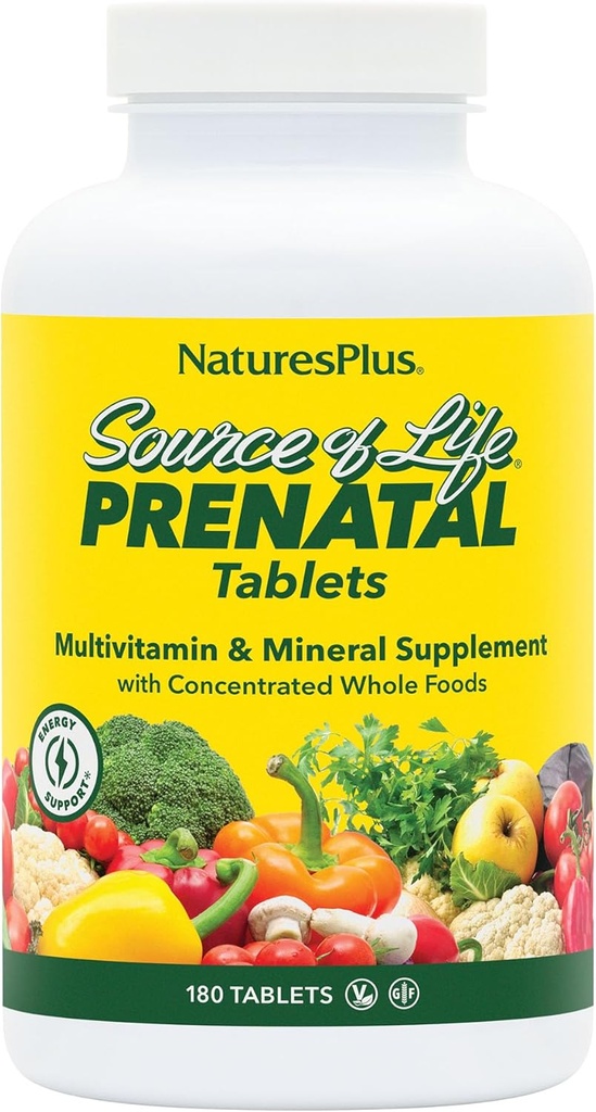 Natures Plus Source of Life Prenatal - 800 mcg Finolate, 180 Vegetarian Tablet - All Natural Prenatal Vitamin & Mineral with Iron & Calcium - Optimal Health & Energy - Gluten- Free-90