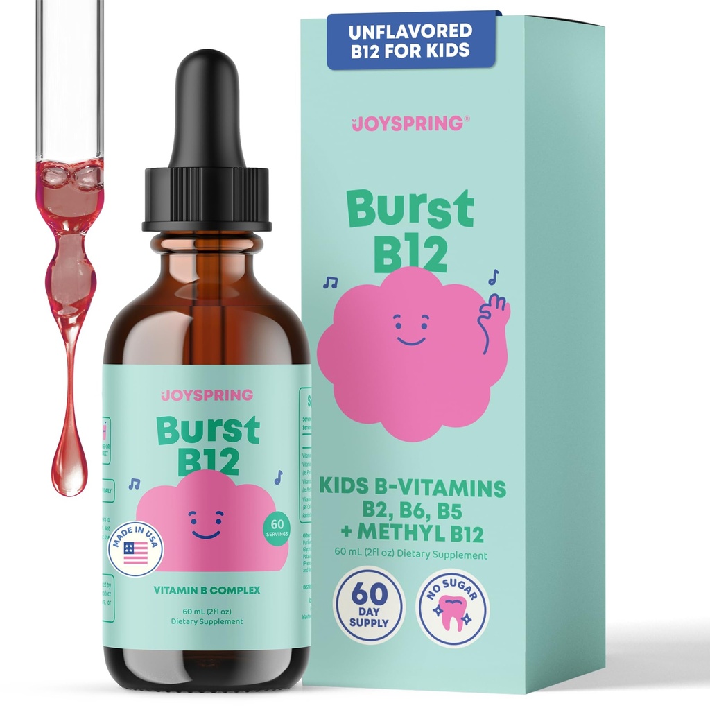JoySpring Burst B12 Drops - Vitamin B Complex for Kids (2 fl oz, B2, B6, B5 + Methylcobalamin B12 Children Suppport to support Heally Growth & Development, Vegan B12, Ages 2- 16 + 144; 60