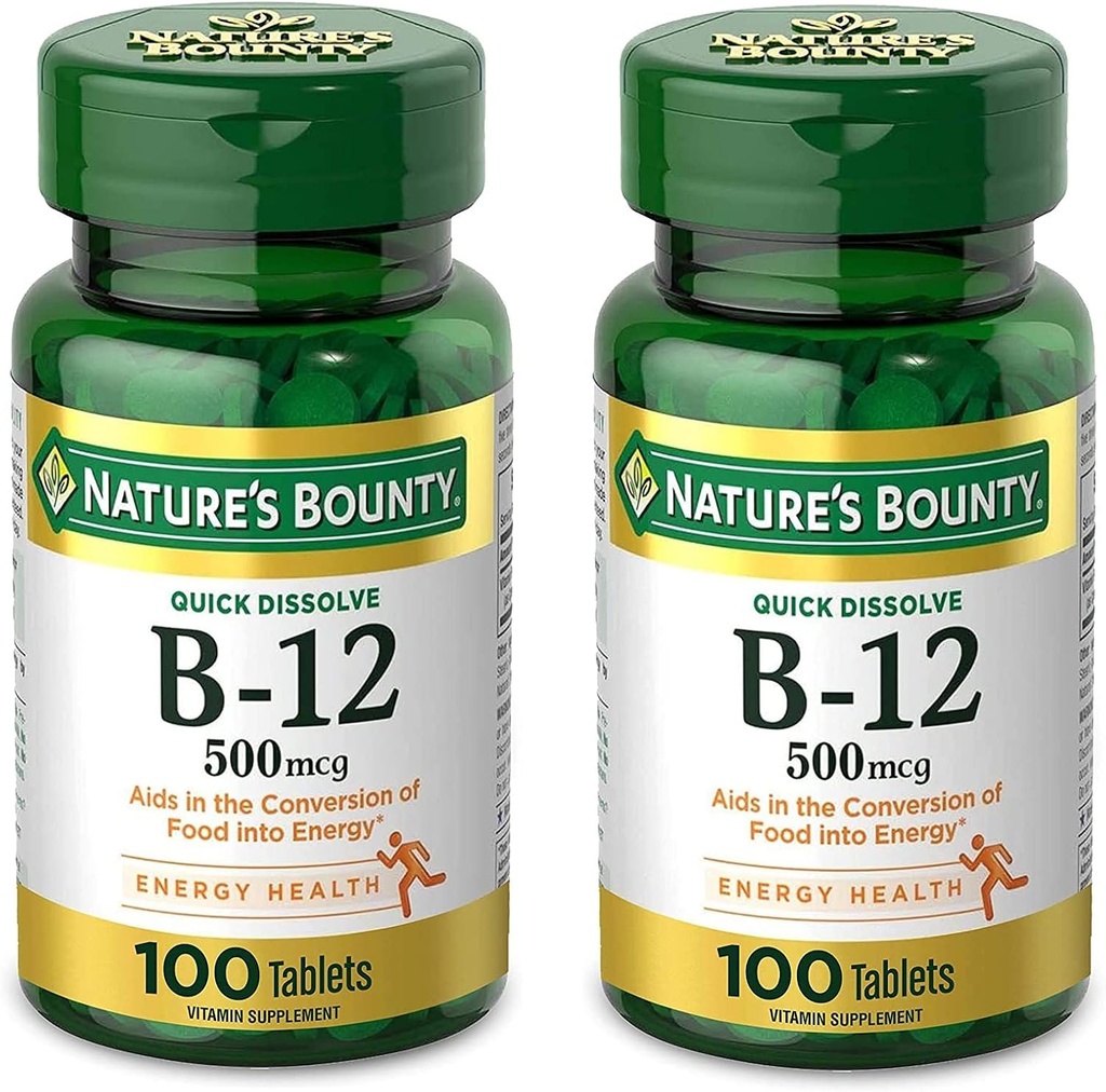 Nature 's Bounty Vitamin B12, Support Energy Metabolism and Nervous System Health, 500mcg, Tablet, 100 Ct (Paket 2)