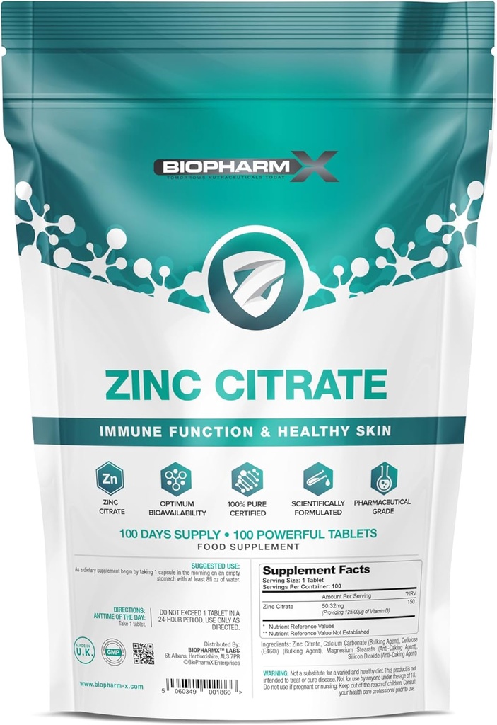 Zinc Citrate (100% Murni Bersertifikat / Maksimum Kekuatan 50mg Tablet x 100 (1 Per Hari)