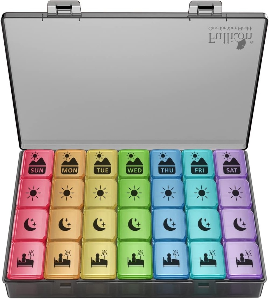 Extra Large Weekly Pill Organizer 4 Kali sehari, Fullicon XXL Large Pil Box, 7 Day Medicine Organizer, kasus Pil Hitam untuk Persediaan Minyak / Ikan