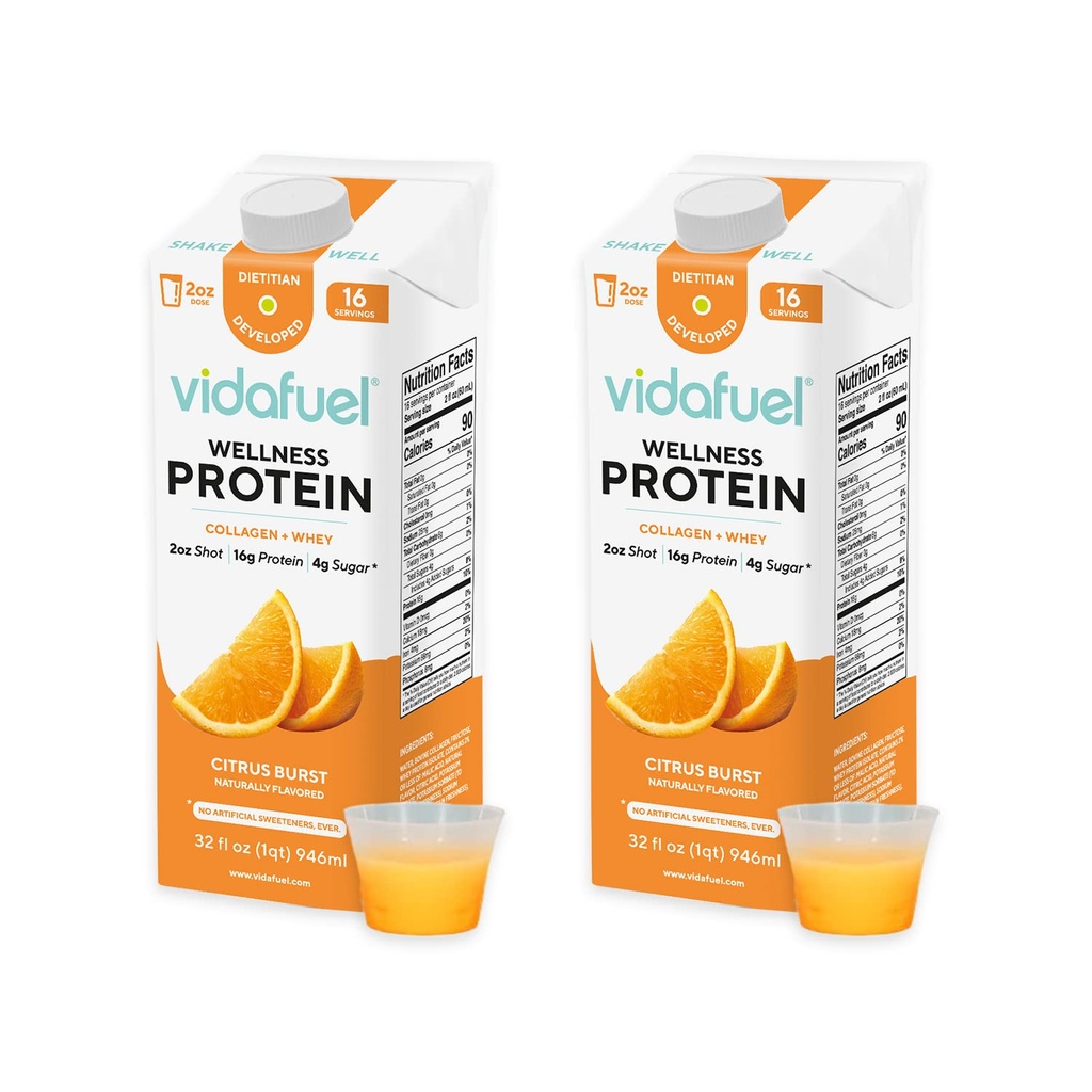 Vidafuel Protein Drink, 16g Protein per 2oz Shot, 32 fl oz Carton, 2 Pack, Citrus, Collagen dan Whey Drink, tidak ada Maneteners Buatan