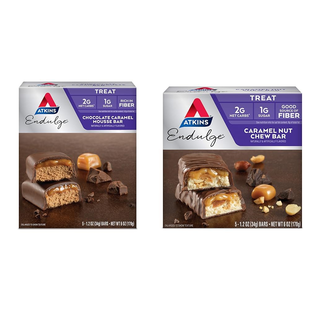 Atkins Endulge Chocolate Caramel Mousse Bar 5 Count dan Caramel Nut Chew Bar 5 Count Bundle