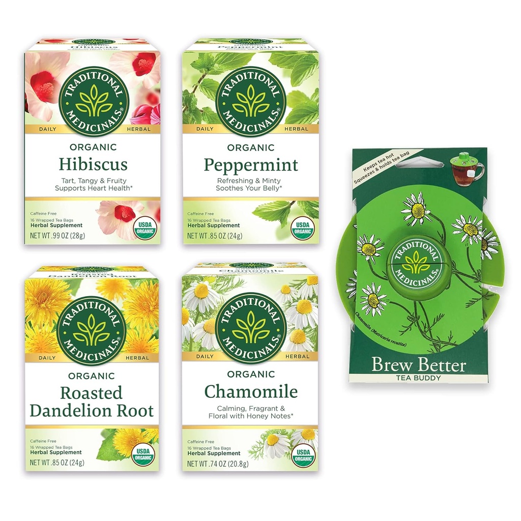 Obat-obatan Tradisional, Variety Variety Pack untuk Wellness in Four Sootthing Flavors, Includes Peppermint, Chamomile, Hibiscus, Root Dandelion Round, Tea Buddy, 64 Tea Bags, (4 Pack)