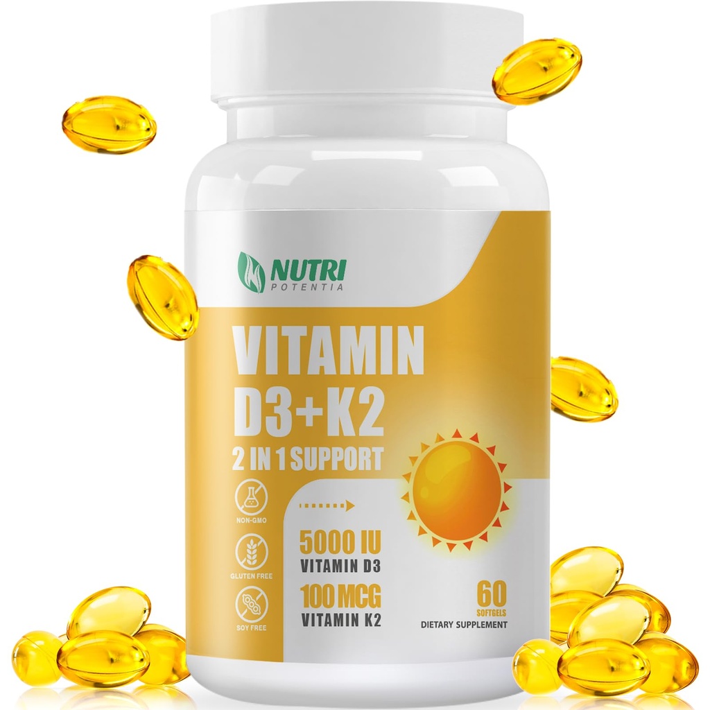 Vitamin D3 K2 dengan MCT Oil, Vitamin D3 5000 IU dan K2 100mcg, Formula 2 dalam 1 untuk Bone and Heart Health, Gluten Free - 60 Count Softgels