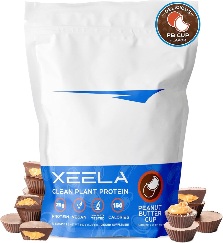 XEELA Plant Based Vegan Protein Powder - Diuji secara mandiri - 25g High Protein, Pea Protein for Men & Women - Vitamin & Minamins, Non GMO, Dairy & Gluten Free, LowCarb & LowFat (Peanut Butter Cup)