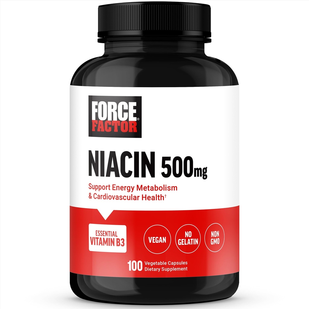 FORCE FASITOR Niacin Vitamin B3 untuk Mendukung Kesehatan Sel dan Kesehatan Kardiovaskular, Suplemen Kesehatan Niasin 500mg, Vegan, Tidak Gelatin, Non-GMO, 100 Katup Vegetable