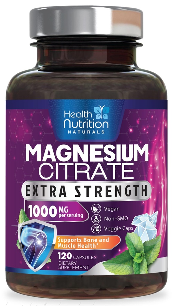 Magnesium Citrate Capsules 1000mg - Max Absorpsi Magnesium Powder Magnesium untuk Muscle, Nerve, Bone and Heart Health Dukung Tinggi, Gluten Bebas, Non-GMO - 120 Kapsul