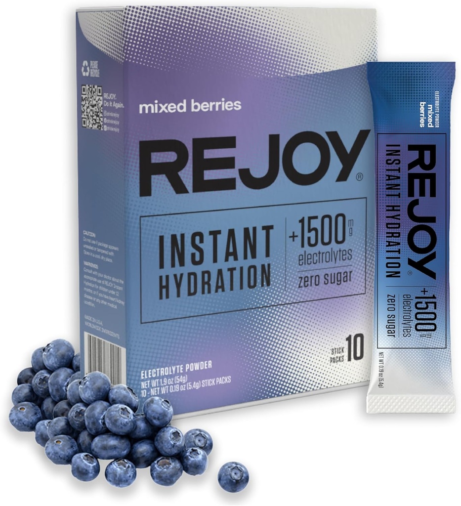 Rejoy - Electrolyte Powder Pawder Packet, 10 Sticks - Hidration Drink Mix Suplement - Sugar Free, Keto and Paleo Friendly, Vegan, Non- GMO, Easy Open Single Stick (Mixed Berry)