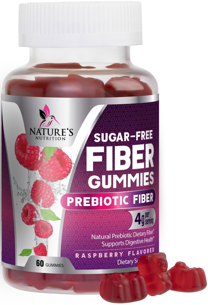 Prebiotic Fiber Gummies 4g - Sugar Free Gummy Fiber Suplement for Adult 's Digetical Health & Regularity - Natural Raspberry Flavor, Plant Based Blend, Non-GMO & Gluten Free - 60 Gummies