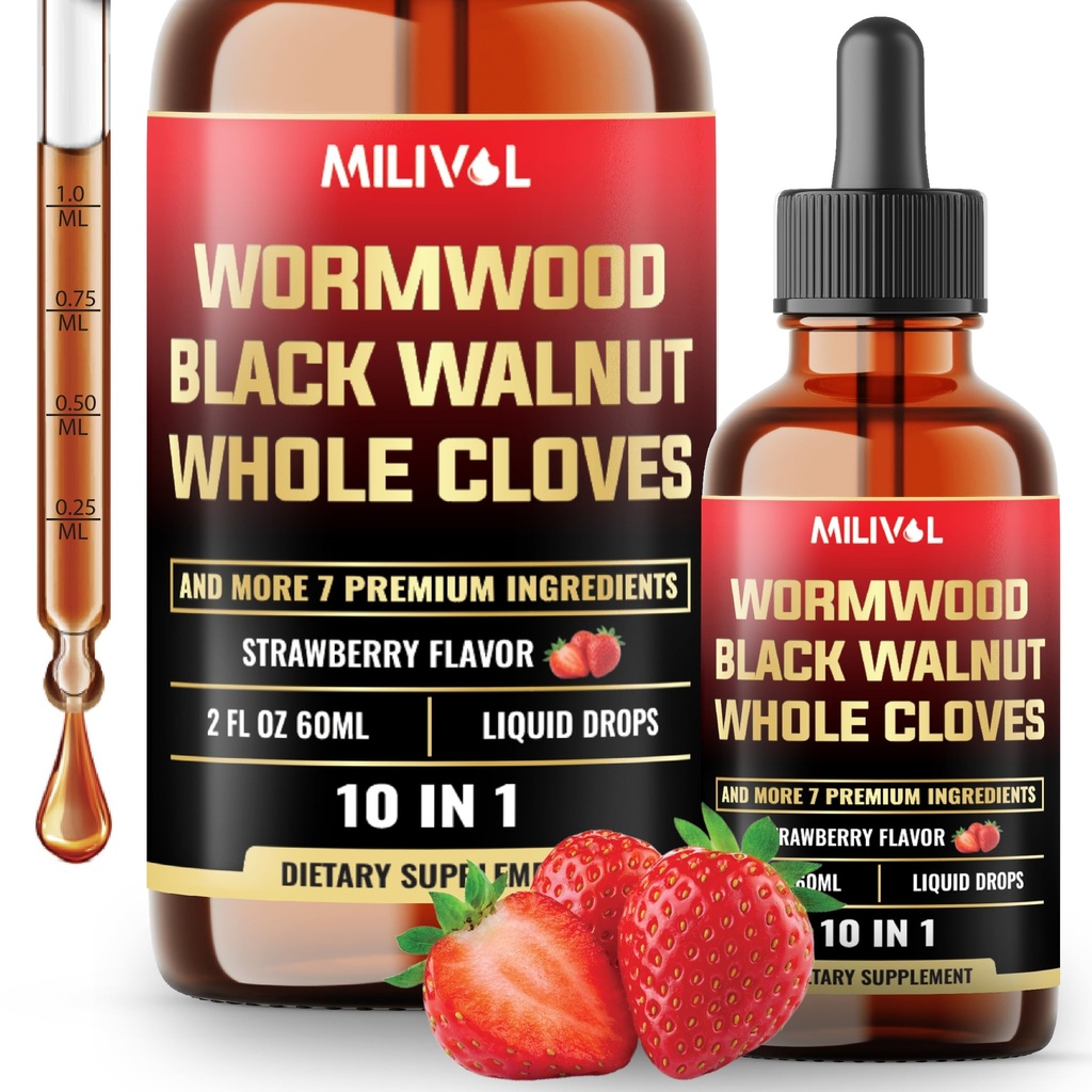 10in1 Wormwood Liquid Drops with Wormwood, Black Walnut, Whole Cloves & 7 More - Dukung Digeptical, Imune - 2 Fl Oz - 60 Days