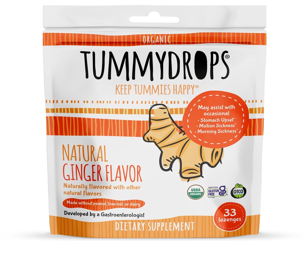 USDA Organic Natural Ginger Tummydrops, Gluten Free & Vegan, 33 Individually Wrapped Drops in a Reselable Bag