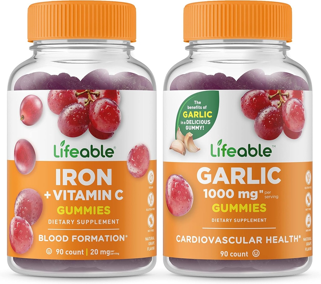 Lifeable Iron dengan Vitamin C + Bawang putih 1000mg, Gummies Bundle - Tasting Besar, Persediaan Vitamin, Gluten Bebas, GMO Bebas, Gummy Chewable