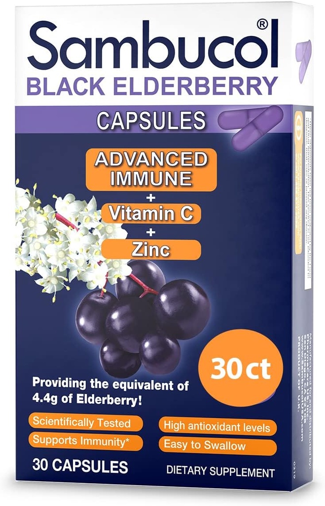 Sambucol Black Elderberry Kapsul - Advanced Ammune, Vitamin C dan Zinc, Elderberry Capsules, Suplemen Dukungan Ammune, Suplemen Elderberry Hitam, Gluten Bebas, Mudah untuk Swallow Capsules - 30 Count