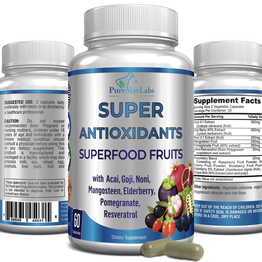 Super Antioksidant Fruit Superfood Complex - Powerful Antioxidant Superfruit, Acai, Goji, Noni, Mangosteen, Pexemenate, Elderberry, Resveratrol, Immune Care - 60 Capsules