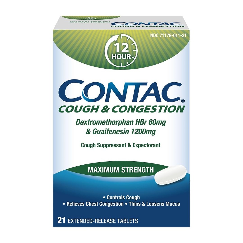 Contac Cough & Consuffic Maximum Power Controls Cough, Thins and Loosens Muscus, Guaimfenesin & Dextrothorphan HBr, Extended Rilis Tablet, 21 Count
