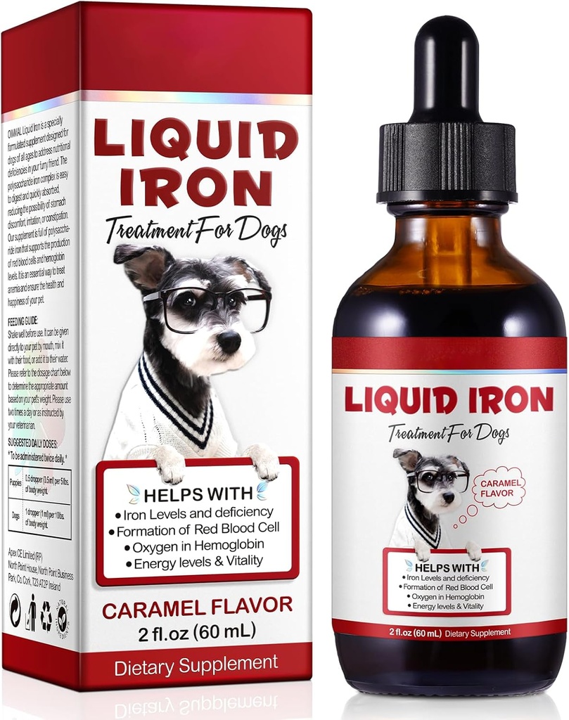 Liquid Iron Drops for Dogs, Cair Iron Supplemen untuk Dogs Supports Anemia, Promotes Blood Health, Impreve Low Enery Levels dan Letargy - Pet Supplies Dog Vitamin - 60 ml / Caramel Flavor