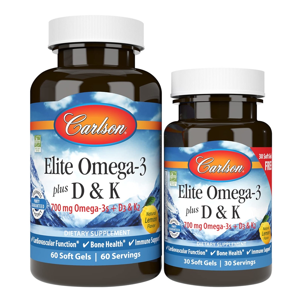 Carlson - Elite Omega-3 Plus D & K, 700 mg Omega-3s + D3 & K2, Fungsi, Kesehatan Tulang & Imune Dukungan, Lemon, 60 + 30 Softgel