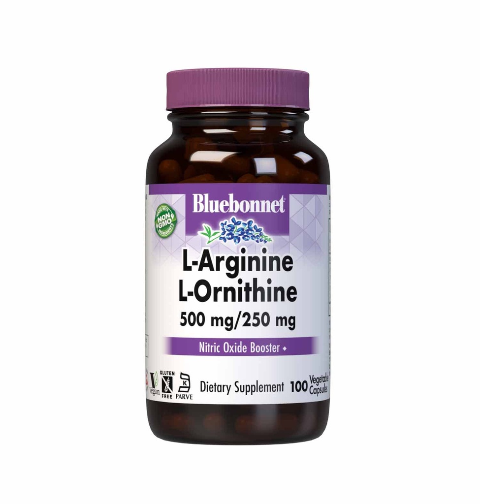 Nutrition Bluebonnet L-Arginine 500mg / L-Orinithy 250mg, Supports Protein Metabolism *, Soy-Free, Gluten- Free, Non-GMO, Kosher Cerfied, Vegan, 100 Vegetable Capsules