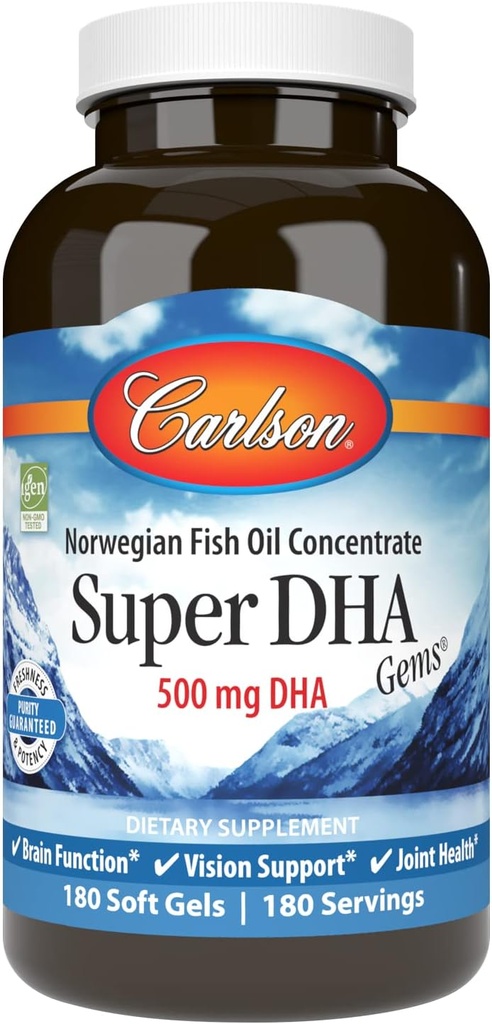Carlson - Super DHA Gems, 500 mg DHA Suplemen, 640 mg Fatty Acids, Wild- Caught Norwegia Arktik Omega 3 Oil Sustable Wealded Fish Oil Capsules, 180 Softgels