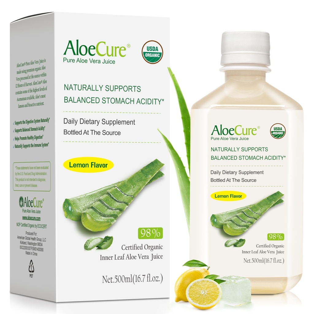 AloCure USDA Organic Aloe Vera Jumon Flavor - Made Inside 12 Hours of Harvest - Natural Digetical Supplemen Attach Acidity - Dukung Digetile and Immune Health - 1 Btl x 16.7oz