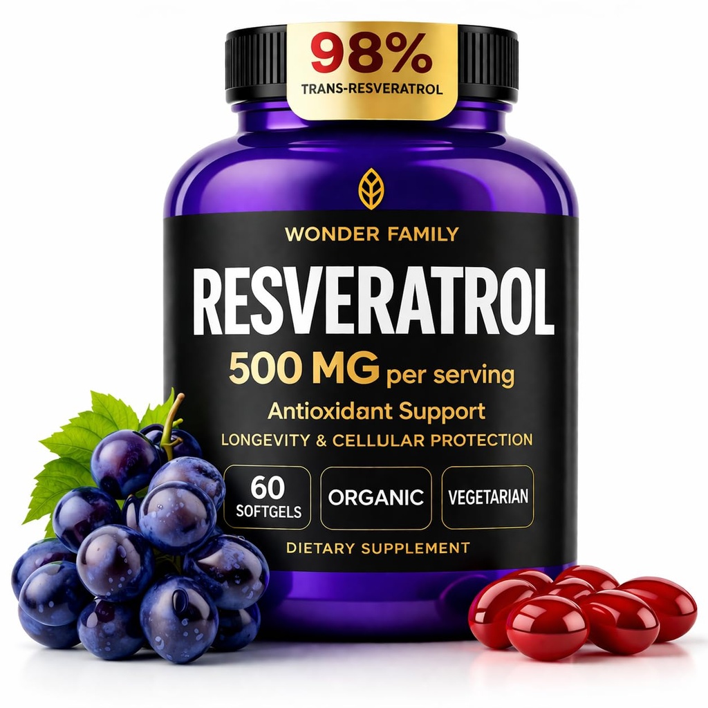Reveratrol Suplemen 500mg - 98% Trans Resveratrol 1000mg Kompleks Organik - NAD Resveratrol Antioksidants & Anti Aging Suplemen Kesehatan Jantung, Memory Lift, Wellness Formula, Healthy Cell Support