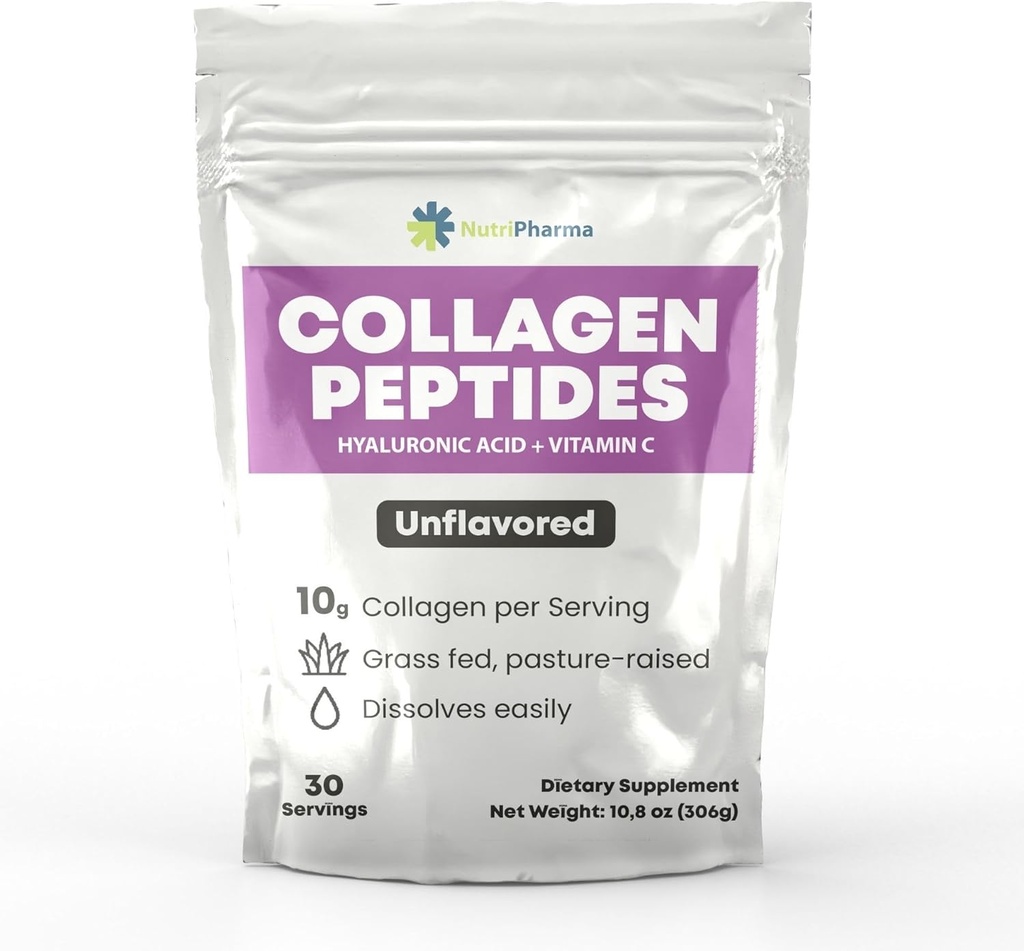 Collagen Peptides Powder with Hyaluronic Acid and Vitamin C, Promotes Hair, Nail, Skin, Bone and Joint Health, Unflamited Collagen Protein Powder, 30 Servings, 10,8 oz
