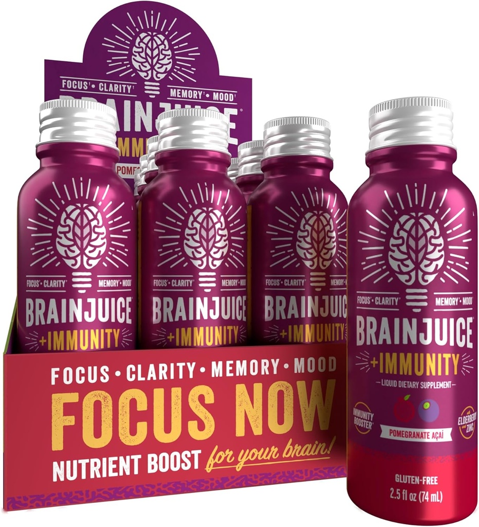 BrainJuice Brain and Ammuniune Shot, Gluten Free Supplement Shots for Energy, Focus, Immunity with Vitamin D, C B, Alpha GPC & Organic Ginger Root, Pomeate Acai, 2.5 fl oz, 12 Pack