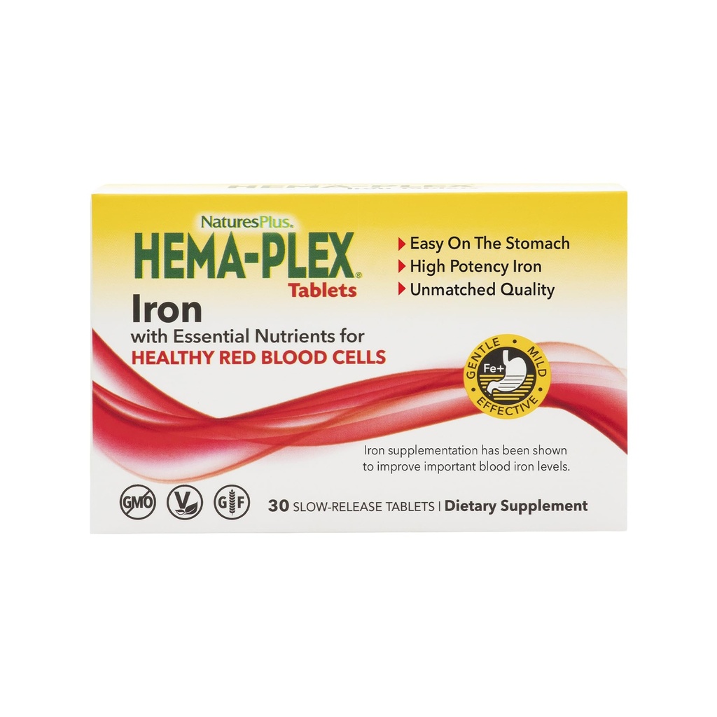 NaturesPlus Hemax-Plex Iron - 30 Lembu - 85 mg Cheleted Iron - Total Blood Health - dengan Vitamin C & Bioflavonoid - Non GMO, Vegetarian & Gluten Free - 30 Pelayan
