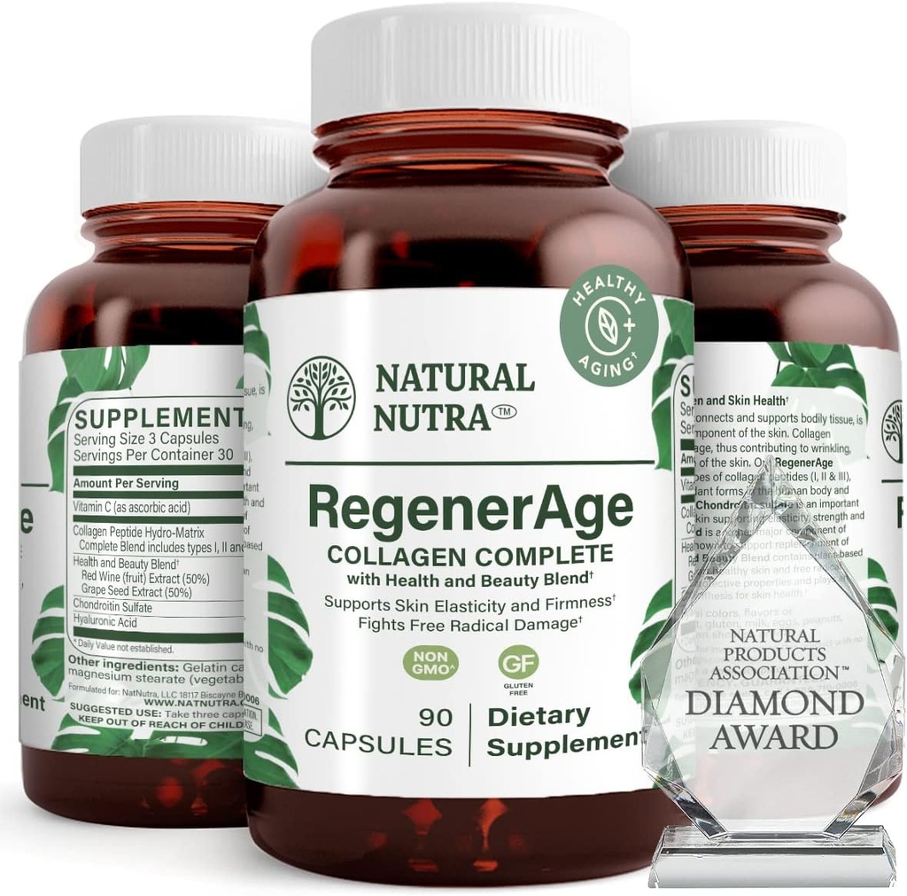 Natural NugenerAge Complete Supplement for Skin Health with Protein Peptides, Reduce Stretch Marks, Contributes Overall Health, Vitamin C, Grap Red Wine Extract, Gluten Free, 90 Capsules.