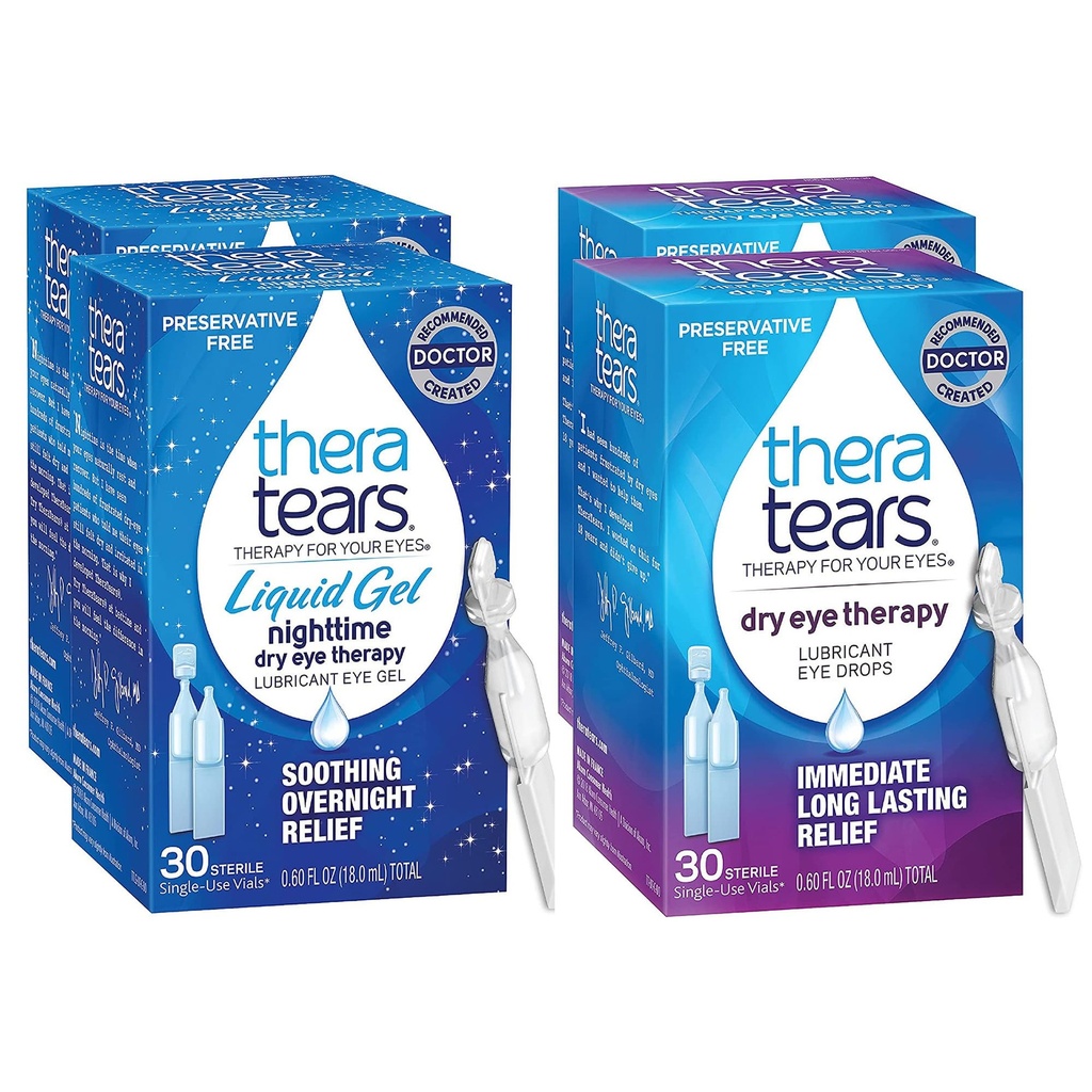 TheraTears Nighttime Therapy Lubricant Eyedrops for Dry Eyes, Preservative Free, Single- Gunakan Vials, Clear, 60 Count, 0.6 Fl Oz dengan TheraTears Eye Drops for Dry Eyes, 60 Count Single