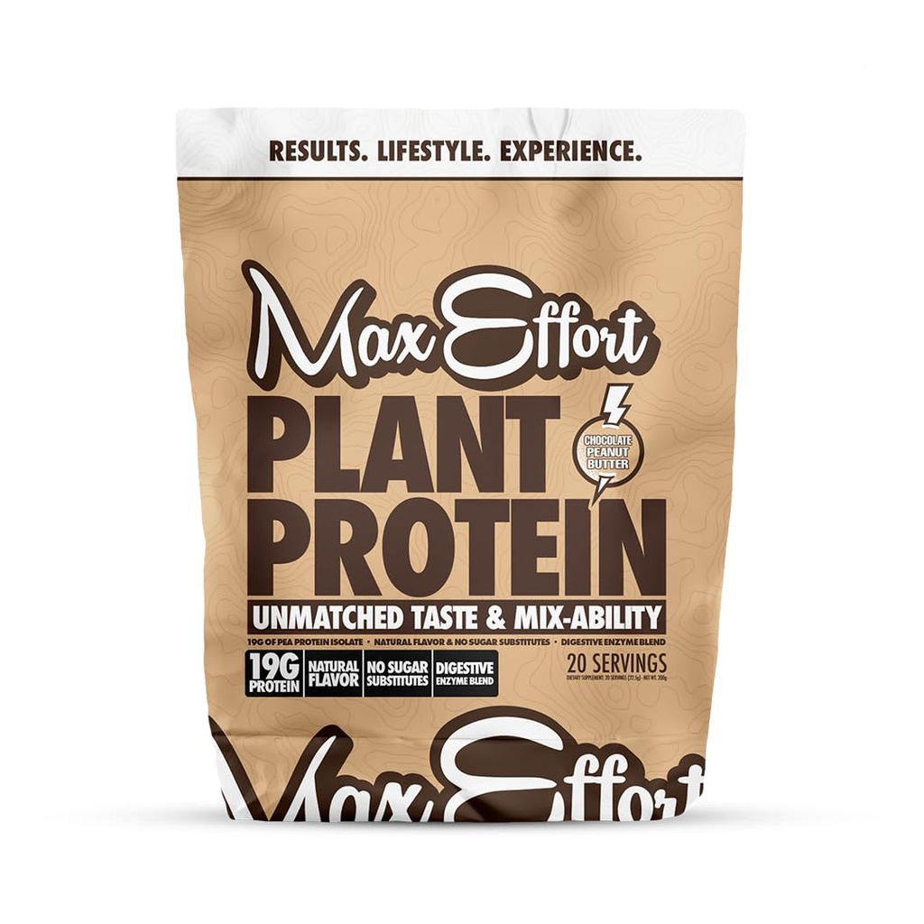 MaX EFFORT Plant Protein Powder, 19 G Pea Protein, Plant Based, Gluten Free, Low Carb, Protein Shake atau Smoothie Mix, Pengganti Makanan, Tanpa Gula Substhues, Coklat Peanut Butter, 20 Srvg