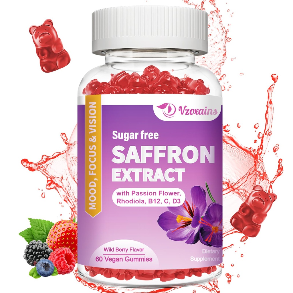 Saffron Gummies, 10 dari 1 Saffron Suplemen Gummies dengan Magnesium, Ashwagandha & Rhodiola Rosea, Sugar Free Vegan Mixed Berry Flavor - 60Cts