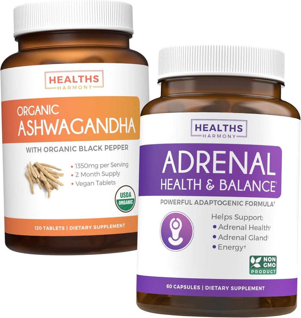 Bundle of Adrenal Dukung & Organic Ashwagandha - Ashwa-Adrenal Harmony - Dukungan Adrenal & Cortisol Manajer (Non-GMO) & Organic Ashwagandha Root Powder 1350mg Serve (120 Tablets)