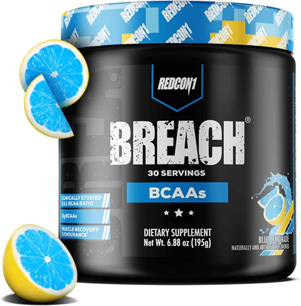 REDCON1 Breach BCAAs, Blue Lemonade - Keto Friendly + Sugar Free Esmino Acids for Recovery - Berisi BCAAs L-Leucine, L-Ivocucine & L-Valine (30 Servings)