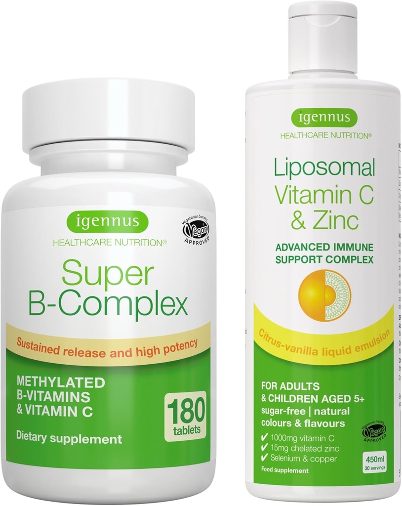 Super B-Complex + Lipomal Vitamin C 10000mg & Zinc Vegan Bundle, Metode Dilanjutkan Rilis B Kompleks & Tinggi Absorpsi Limune Dukungan Kompleks, oleh Igennus