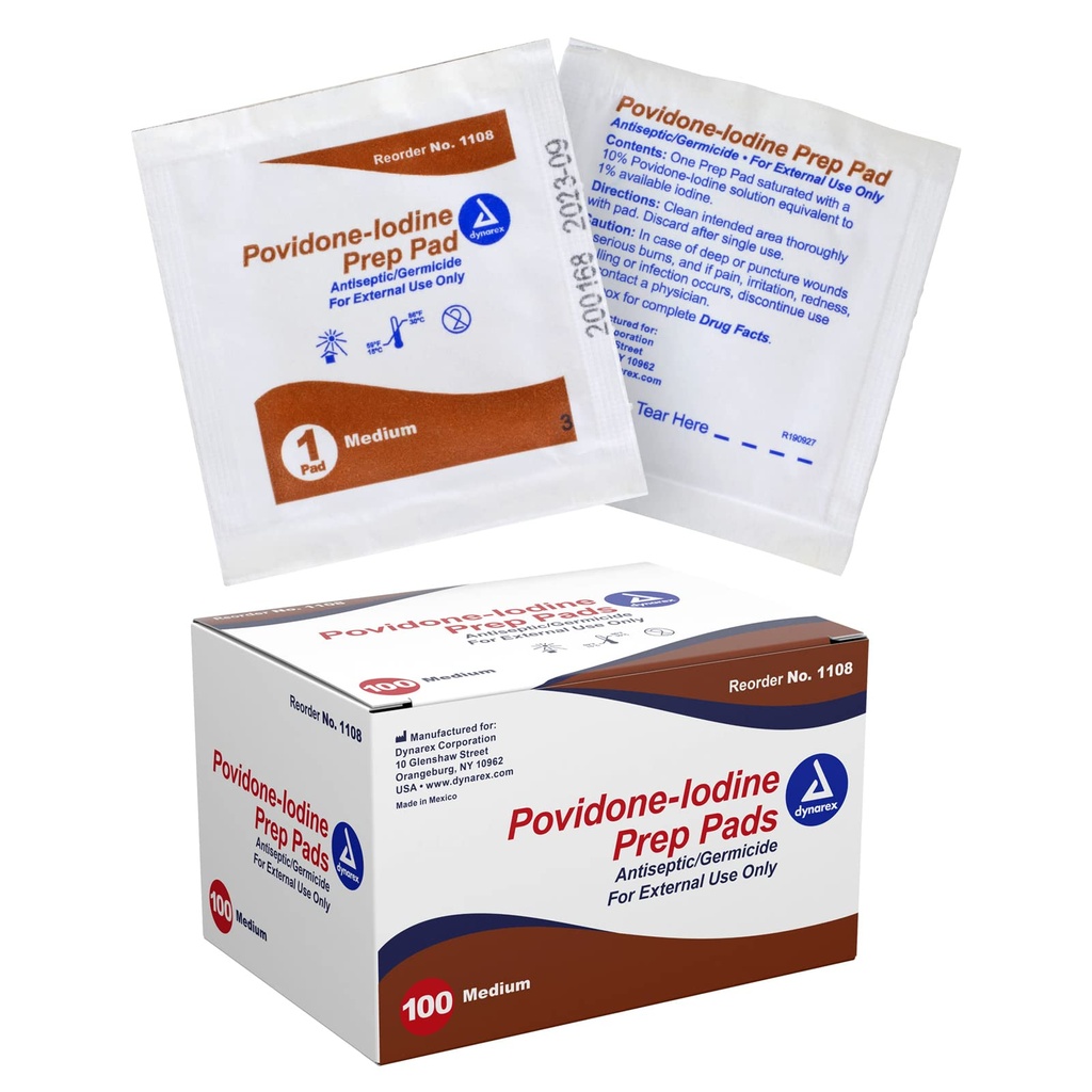 Dynarex Povidment-Iodin Prep Pads, jenuh dengan Povidone Iodin 10%, Obat-Grade Antiseptic Wipes Digunakan untuk Prepping Prior Minor Procexes, Medium, 1 Kasus dari 100 Pads Prep