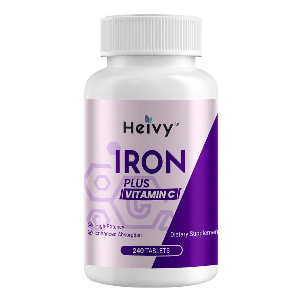 Heivy Ferrous Sulfate 325mg (Iron 65mg), Potency Iron Suplemen Tinggi untuk Perempuan dan Pria, Pil Besi dengan Vitamin C, Ferrous Sulfate, Non-GMO - 240 Tablet dibuat di AS