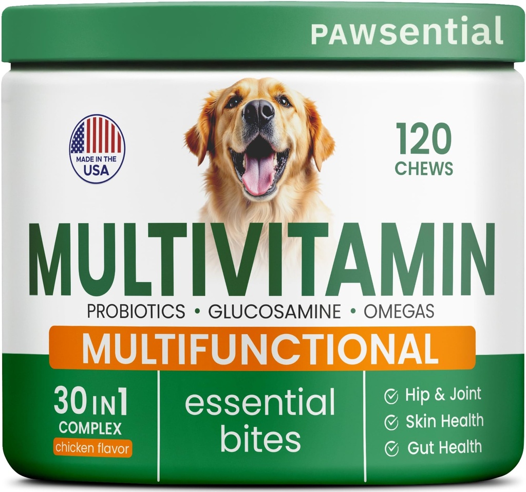 Vitamin Anjing + Glucosamin - Multivitamin + Propoles yang bisa dikunyah, Omega - Hip & Gabungan Dukungan, Skin & Coat, Gut Health - Dewasa & Senior - Besar & Kecil - 120 Chews