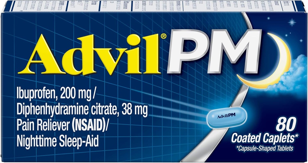 Advil PM Reliever Pain and Nighttime Sleep Aid, Obat Nyeri dengan Ibuprofen for Pain Relief dan Diphenhydramine Citrate untuk Bantuan Tidur - 80 Cacah (Paket 2)