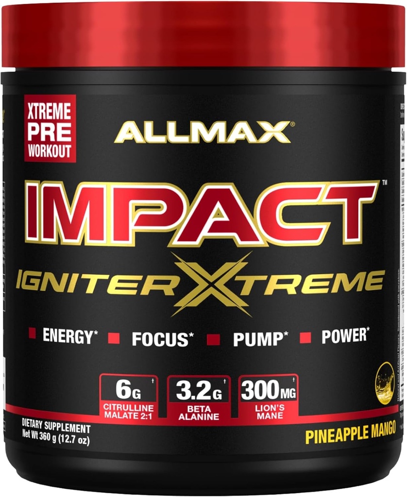 Nutres ALLMAX - Ignact Extreme Pre Workout Powder - dengan Citrulline Malate, Beta - Alanine, Caffeine, Taurine, dan, Betaine anhydrous (Pineapple Mango)