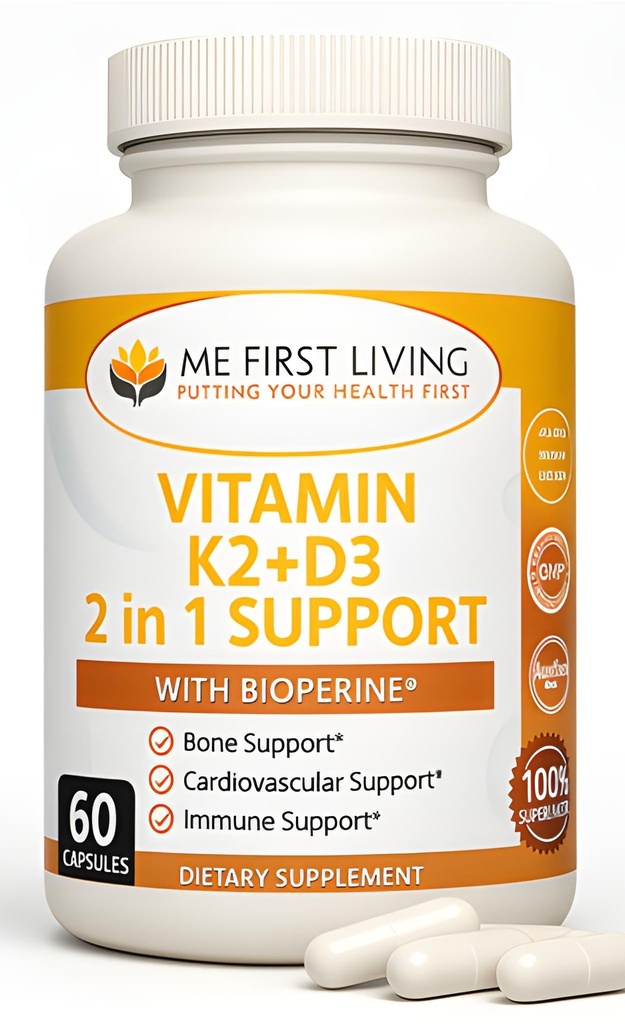 Me First Living Vitamin D3 K2 Supplemen Bone and Heart Health Formula 125 MCG Vitamin D3 & 100 MCG Vitamin K2 MK-7 Mudah untuk Swallow Vitamin D & K Komplex dengan Calcium