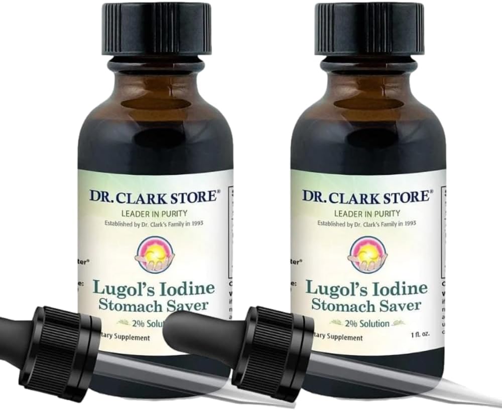 Iodin Dr Clark Lugol 2% Solusi - Aqueous dan 2% yodium granular - Relief alami dan Layanan Kesehatan - 1 fl Oz dengan Dropper 2Pack